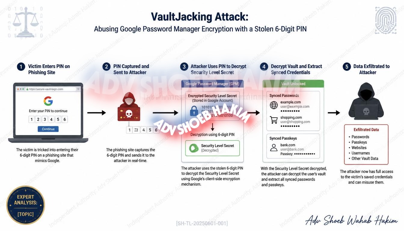 Diagram of a VaultJacking Attack showing the extraction of a Google Password Manager vault using a 6-digit PIN.