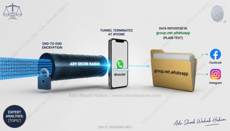 WhatsApp Local Storage Security diagram showing unencrypted SQLite databases in a shared iOS/macOS app container by Adv. Shoeb Hakim