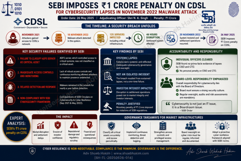 SEBI CDSL cybersecurity penalty infographic by Adv Shoeb Hakim showing key failures and governance lessons