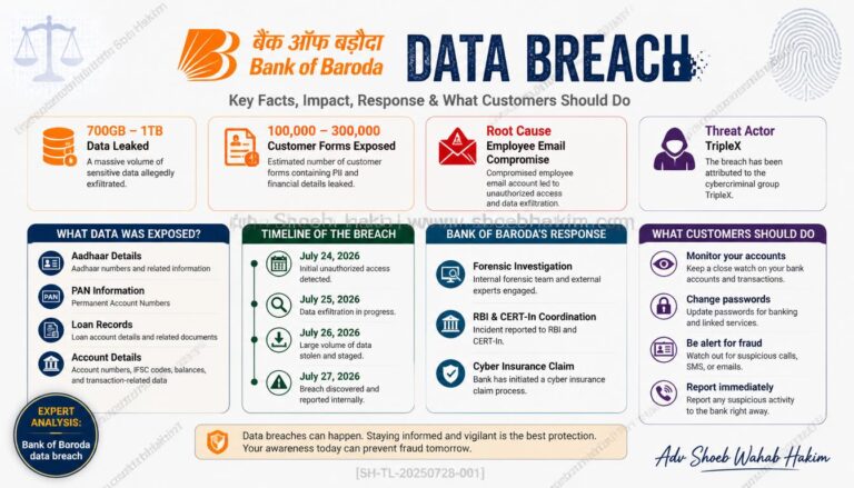 Bank of Baroda data breach infographic by Adv Shoeb Hakim showing 100K-300K records leaked, employee email compromise, and exposed customer information