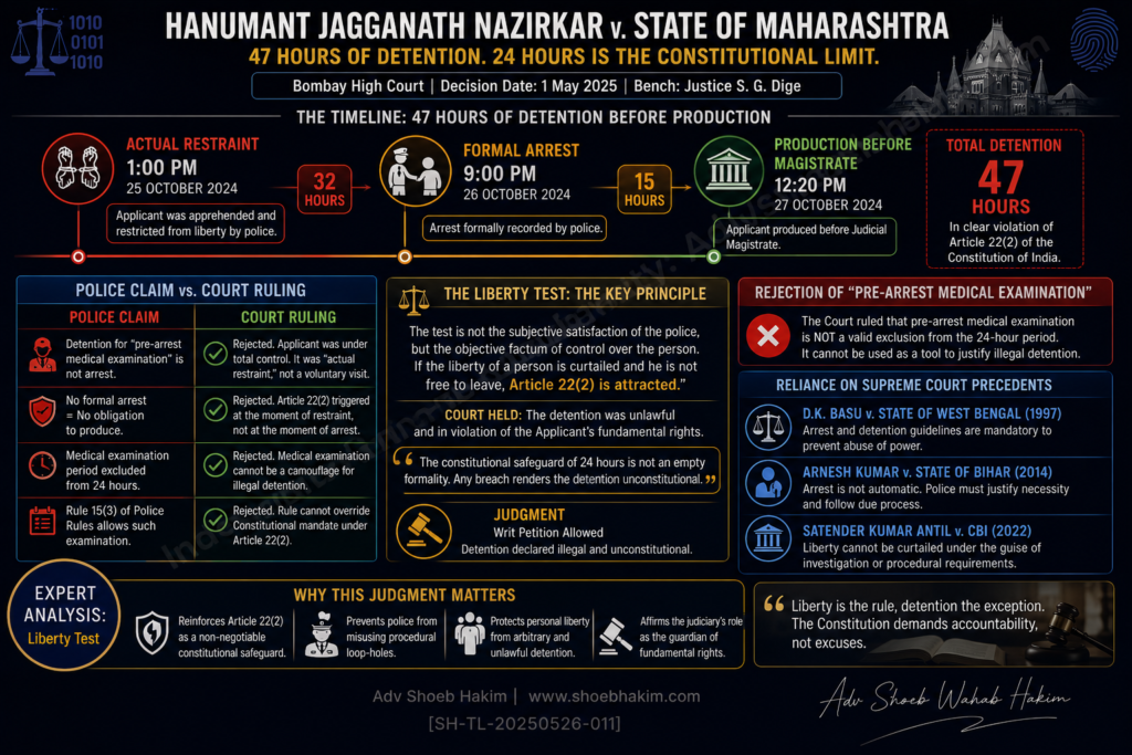 Bombay High Court Nazirkar judgment infographic by Adv Shoeb Hakim showing liberty test, 47-hour detention timeline, and rejection of pre-arrest medical examination loophole