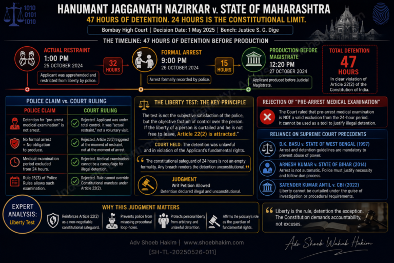 Bombay High Court Nazirkar judgment infographic by Adv Shoeb Hakim showing liberty test, 47-hour detention timeline, and rejection of pre-arrest medical examination loophole