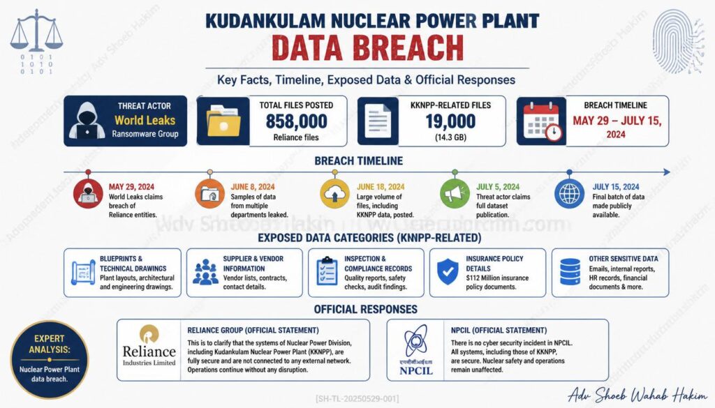 World Leaks ransomware group previous targets infographic by Adv Shoeb Hakim showing Nike, Tata Group, and Kudankulam