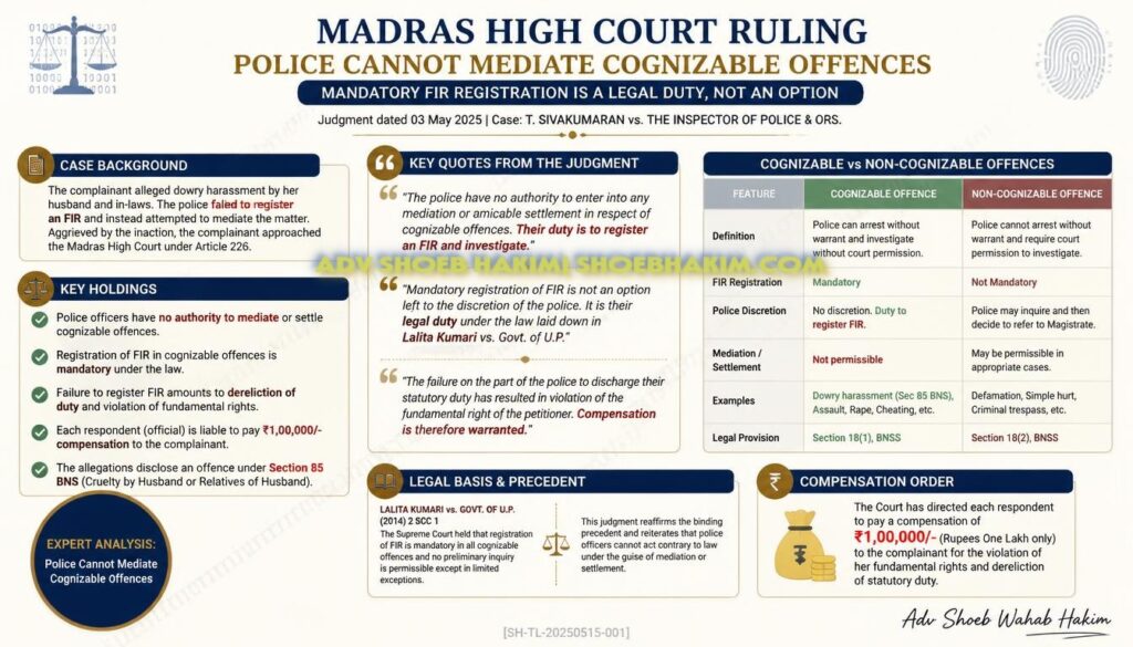 Madras High Court police mediator ruling infographic by Adv Shoeb Hakim showing key findings and penalty