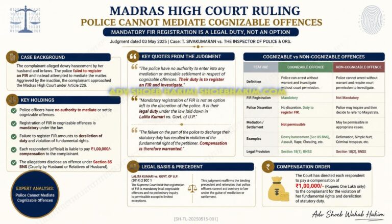 Madras High Court police mediator ruling infographic by Adv Shoeb Hakim showing key findings and penalty