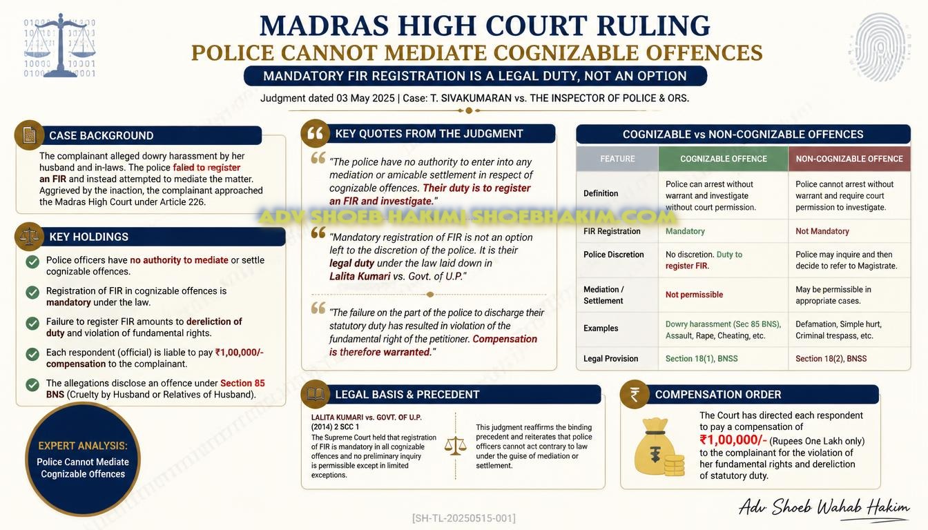 Madras High Court: Police Officers Cannot Act as Mediators in Cognizable Offences — ₹1 Lakh Compensation Each for Failing to Register FIR
