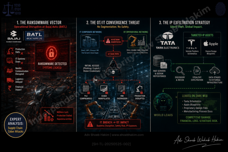 Manufacturing supply chain cyber attacks targeting Bajaj Auto and Tata Electronics through ransomware, data exfiltration, and subsidiary vulnerabilities by Adv. Shoeb Hakim