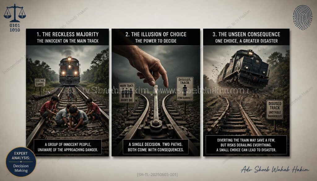 Tactical flowchart detailing the ethical branches of the Train Track Dilemma, contrasting the popular choice of saving the majority with the hidden risks of disaster.