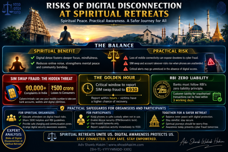 Spiritual retreat phone surrender risks infographic by Adv Shoeb Hakim showing SIM swap fraud and golden hour risks