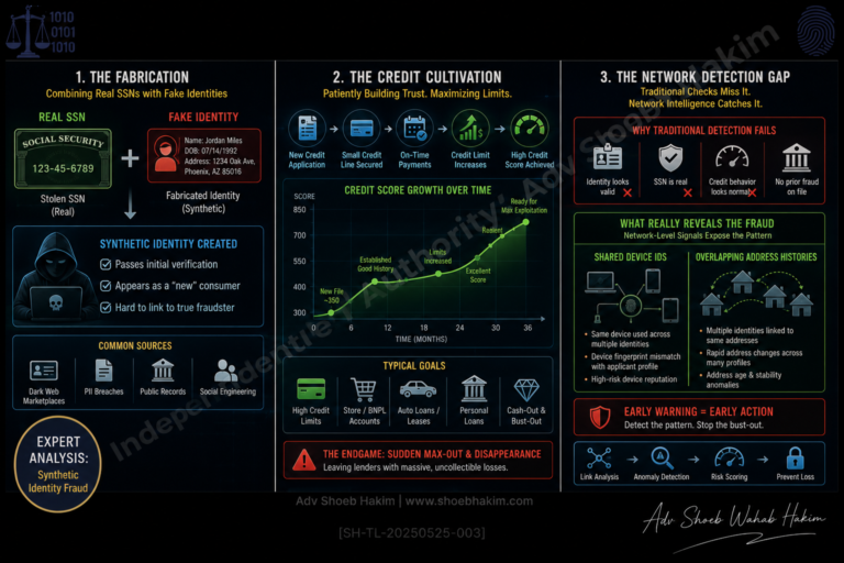 Synthetic identity fraud infographic showing the four stages: acquire seed data, build synthetic profile, cultivate credit, and bust-out by Adv. Shoeb Hakim