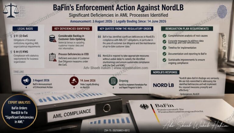 BaFin NordLB AML enforcement infographic by Adv Shoeb Hakim showing deficiencies, legal basis, and remediation requirements