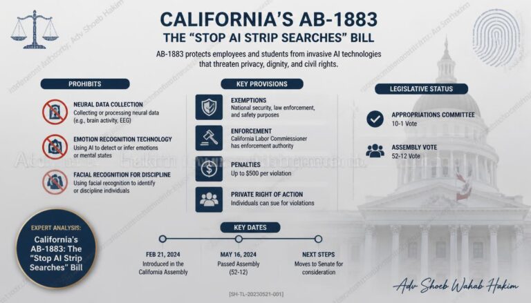 California AB-1883 AI workplace surveillance ban infographic by Adv Shoeb Hakim showing key provisions, exemptions, and enforcement