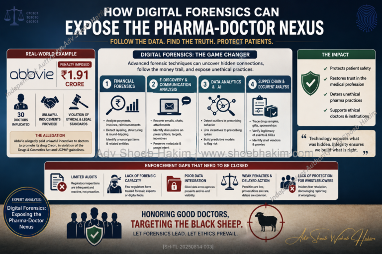 Digital forensics pharma-doctor kickbacks infographic by Adv Shoeb Hakim showing forensic methods and the AbbVie case