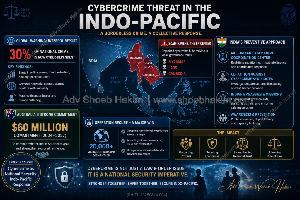 ndo-Pacific cybercrime national security infographic by Adv Shoeb Hakim showing scam states, responses, and Operation Secure