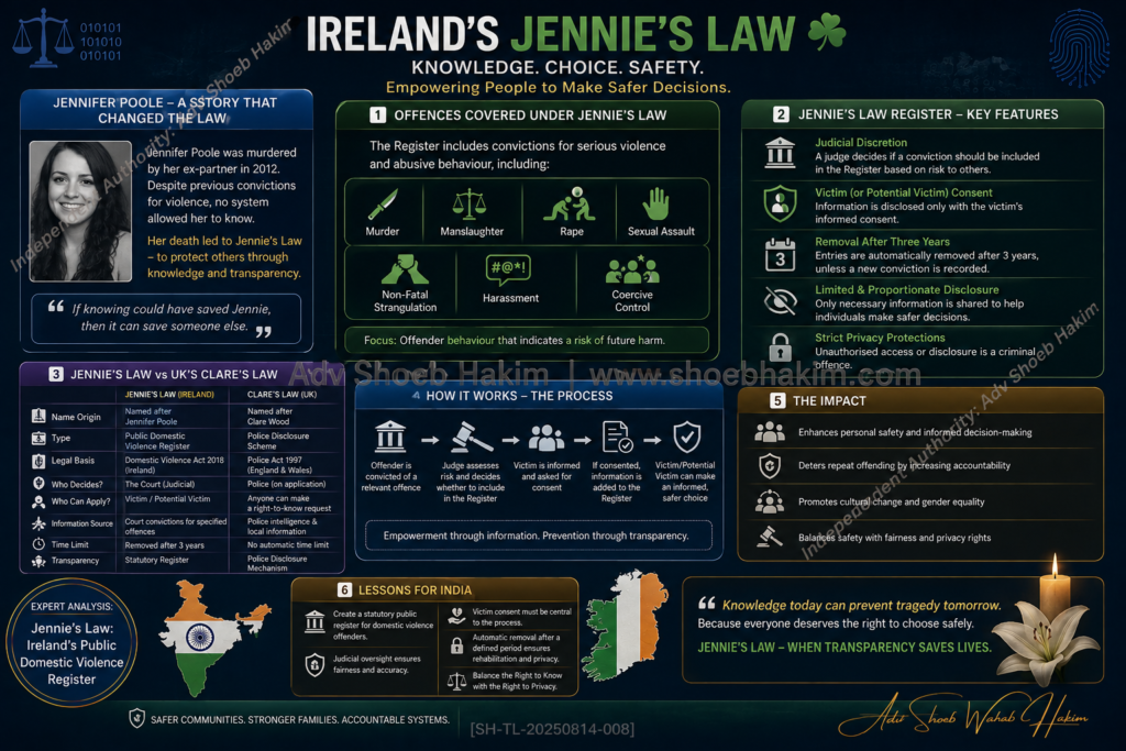Jennie's Law Ireland domestic violence register infographic by Adv Shoeb Hakim showing how the register works and what India can learn