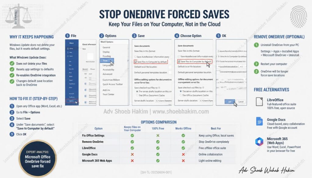 Microsoft Office OneDrive forced save fix infographic by Adv Shoeb Hakim showing settings change and solutions