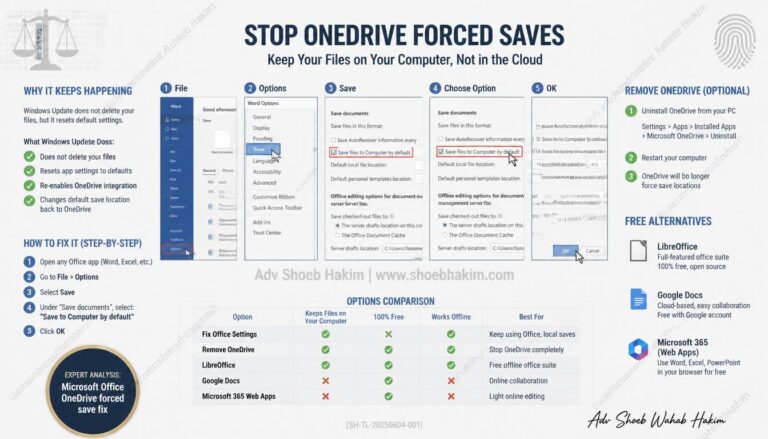 Microsoft Office OneDrive forced save fix infographic by Adv Shoeb Hakim showing settings change and solutions