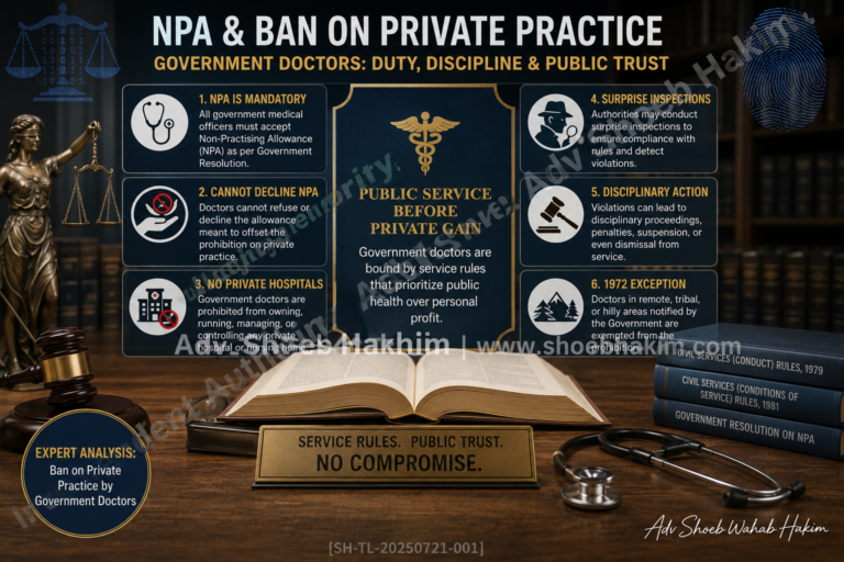 NPA mandatory for government doctors infographic by Adv Shoeb Hakim showing key provisions and enforcement