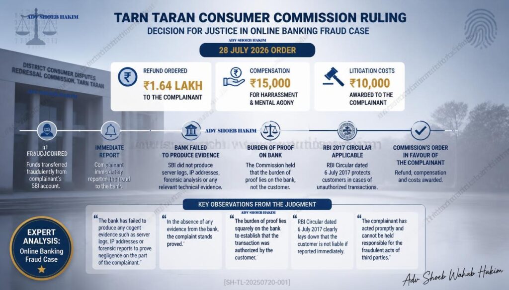 SBI cyber fraud refund consumer commission infographic by Adv Shoeb Hakim showing key findings and relief granted