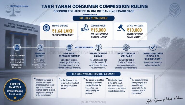 SBI cyber fraud refund consumer commission infographic by Adv Shoeb Hakim showing key findings and relief granted