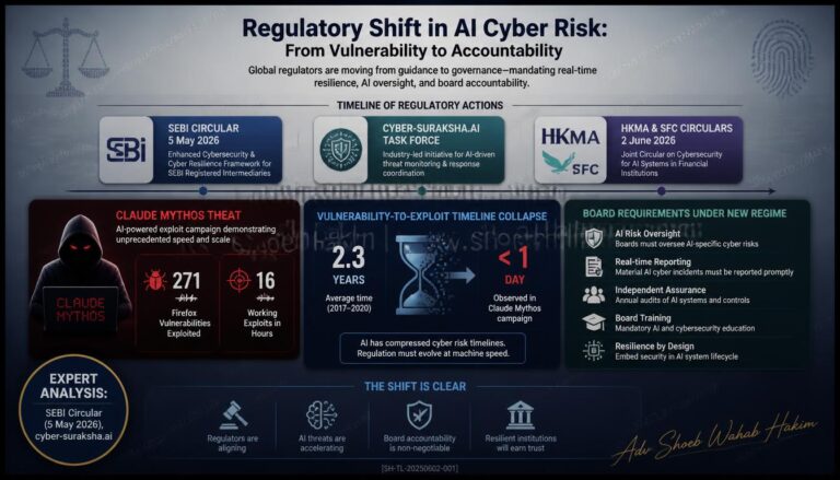 SEBI AI cybersecurity circular 2026 infographic by Adv Shoeb Hakim showing key mandates, Claude Mythos threat, and board requirements