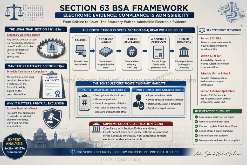 Section 63 BSA electronic evidence certificate infographic by Adv Shoeb Hakim showing the three-pillar defense framework and Schedule certificate requirements