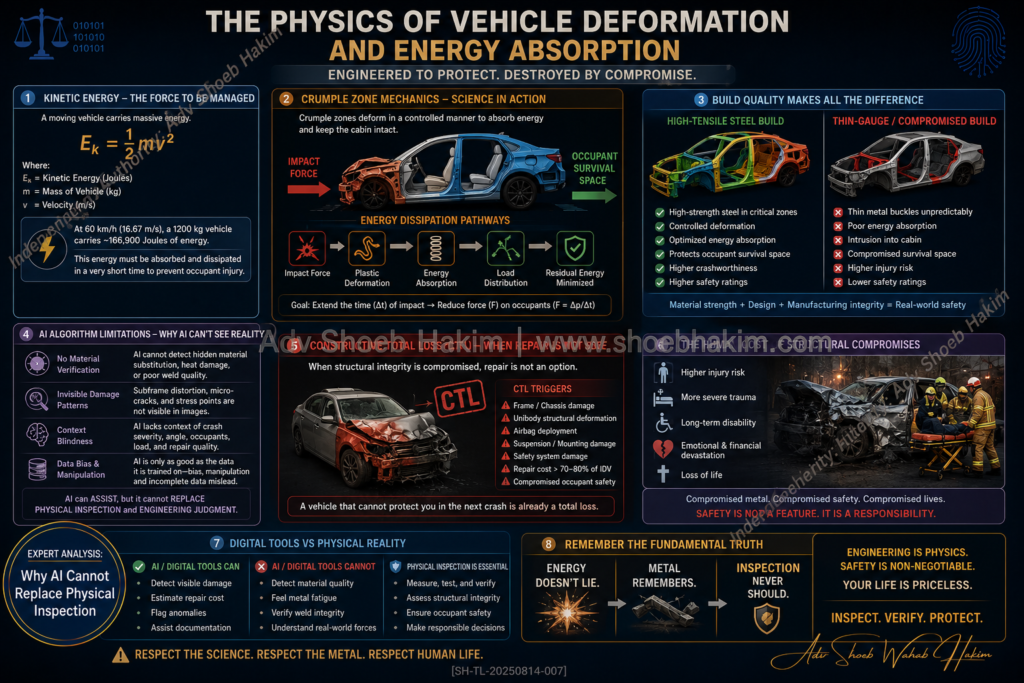 Structural build variations insurance claims infographic by Adv Shoeb Hakim showing physics of energy absorption and AI limitations
