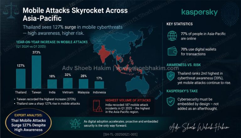 Thailand mobile cyberattacks surge 127 percent infographic by Adv Shoeb Hakim showing Kaspersky data, awareness rankings, and attack volumes
