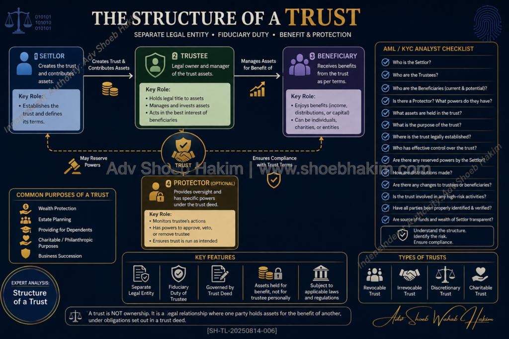 Trust ownership AML KYC infographic by Adv Shoeb Hakim showing settlor, trustee, beneficiary, and protector roles
