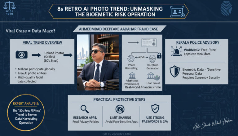 80s retro AI photo biometric harvesting infographic by Adv Shoeb Hakim showing Ahmedabad Aadhaar fraud case and Kerala Police warning
