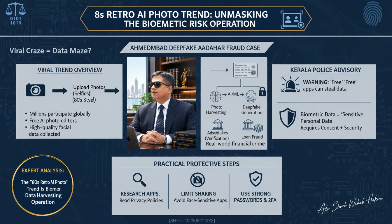 80s retro AI photo biometric harvesting infographic by Adv Shoeb Hakim showing Ahmedabad Aadhaar fraud case and Kerala Police warning