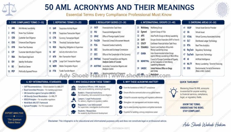 50 AML acronyms compliance guide infographic by Adv Shoeb Hakim showing key terms, categories, and international bodies