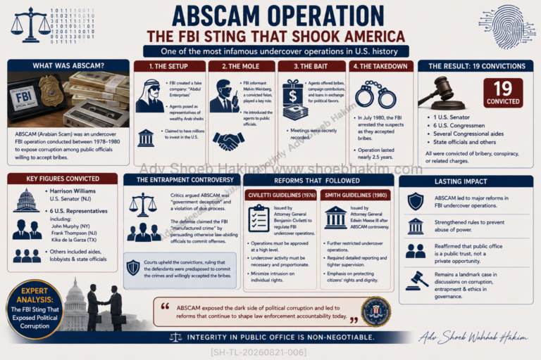 ABSCAM FBI political corruption sting infographic by Adv Shoeb Hakim showing operation details, convictions, and lasting impact