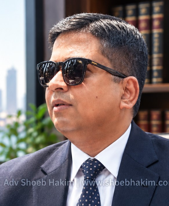 Adv. Shoeb Hakim seated at his desk with legal books covering banking law, criminal law, and AML compliance.