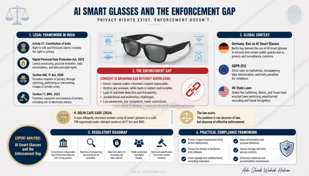 AI smart glasses privacy enforcement gap infographic by Adv Shoeb Hakim showing legal framework, enforcement challenges, and global context