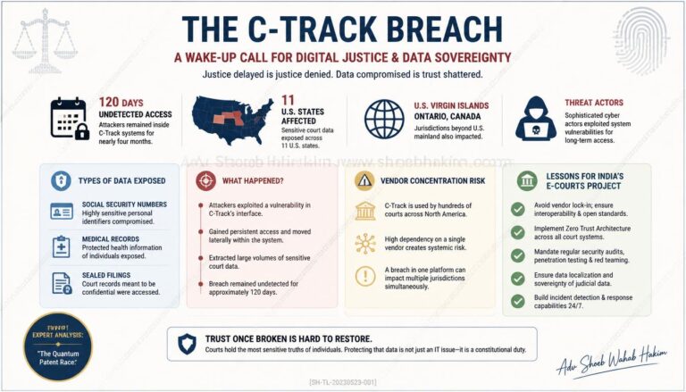 C-Track breach court data security infographic by Adv Shoeb Hakim showing affected jurisdictions, timeline, and India lessons