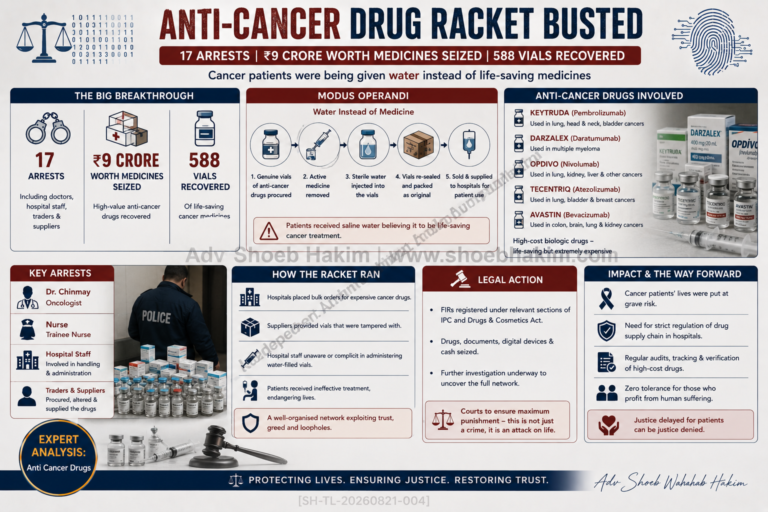 Delhi Police cancer drug racket 2026 infographic by Adv Shoeb Hakim showing seizures, arrests, and affected drugs