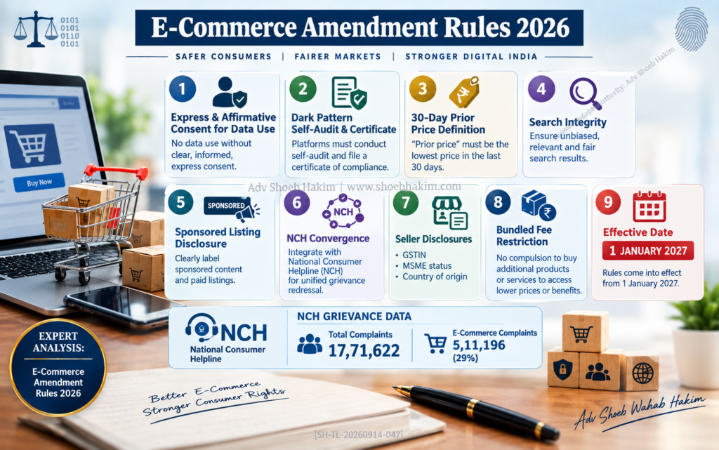 E-commerce amendment rules 2026 infographic by Adv Shoeb Hakim showing express consent, dark patterns, 30-day price rule, and NCH integration