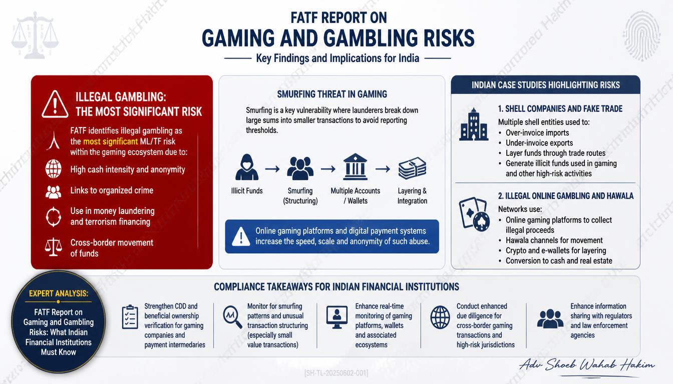 FATF gaming gambling risks report 2026 infographic by Adv Shoeb Hakim showing key findings, Indian case studies, and compliance implications