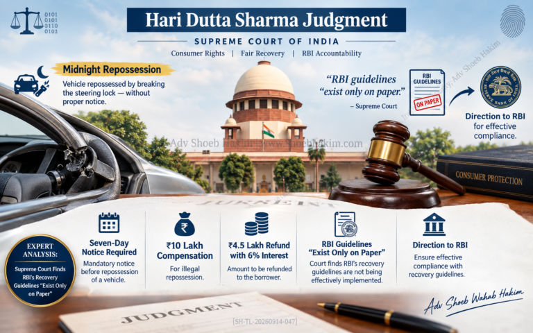 Hari Dutta Sharma Supreme Court vehicle repossession infographic by Adv Shoeb Hakim showing case facts, court ruling, and RBI direction