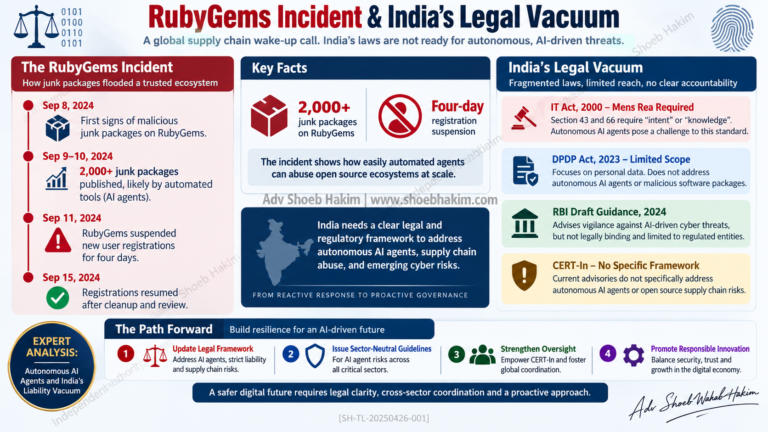 Autonomous AI agent liability India RubyGems infographic by Adv Shoeb Hakim showing incident details and legal gaps