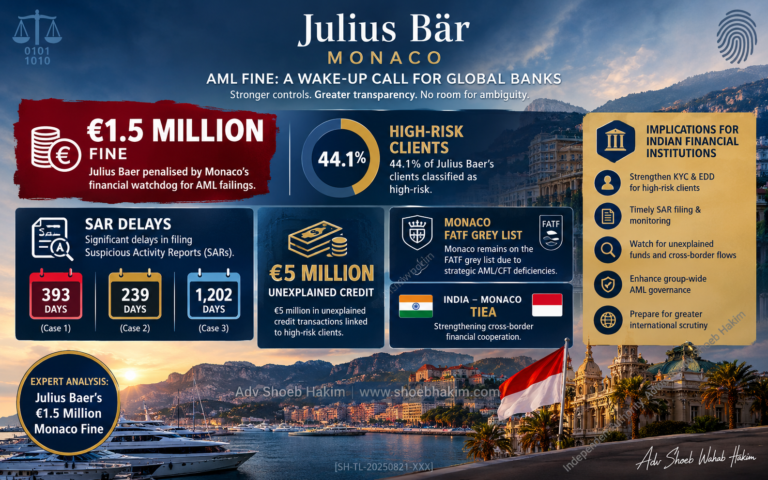 Julius Baer Monaco AML fine infographic by Adv Shoeb Hakim showing key findings, delays, and India implications