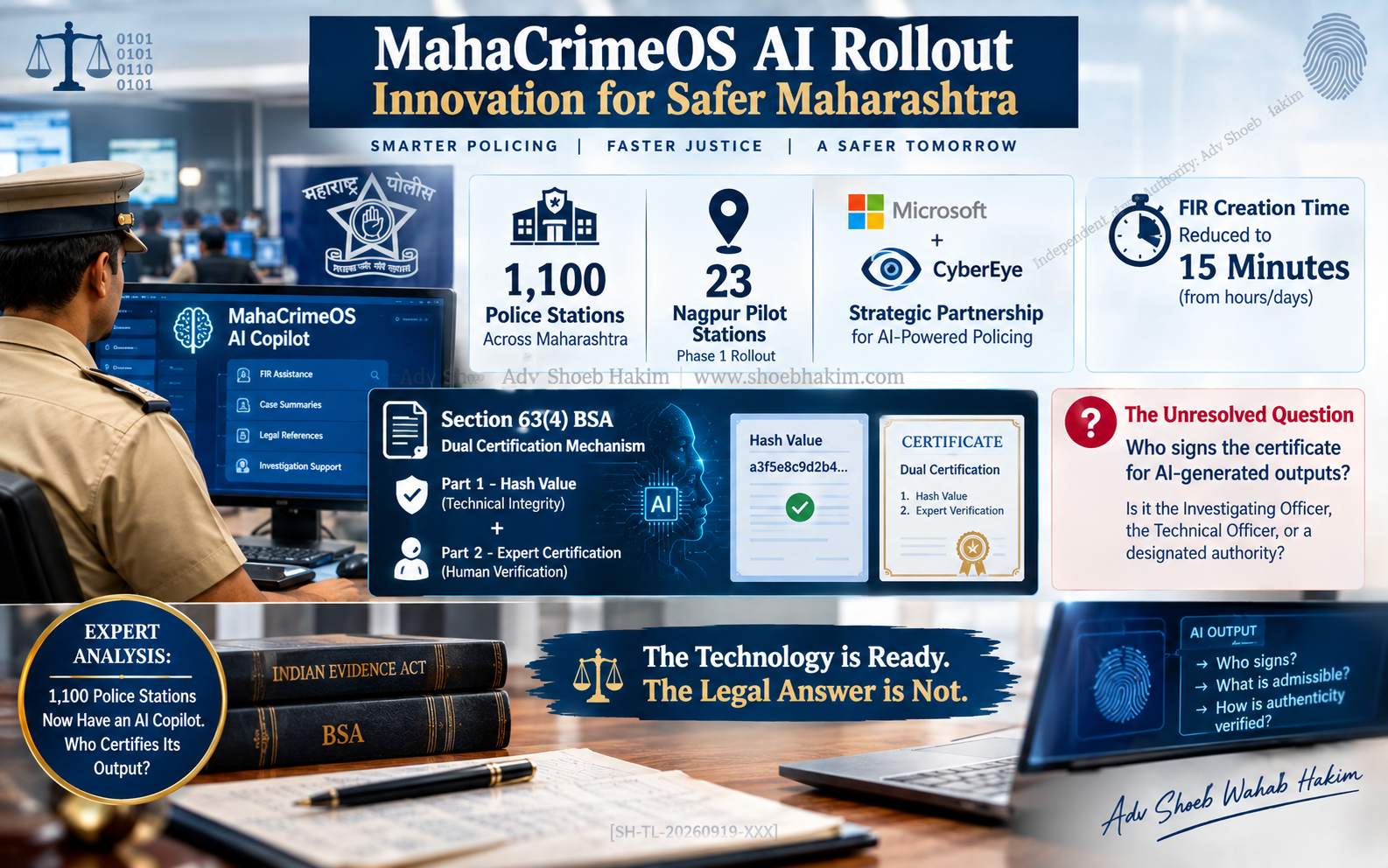 MahaCrimeOS AI evidence certification infographic by Adv Shoeb Hakim showing deployment details and Section 63 BSA certificate gap