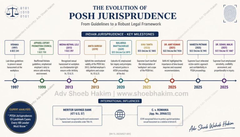 POSH jurisprudence evolution infographic by Adv Shoeb Hakim showing 13 landmark cases from Vishaka to 2025