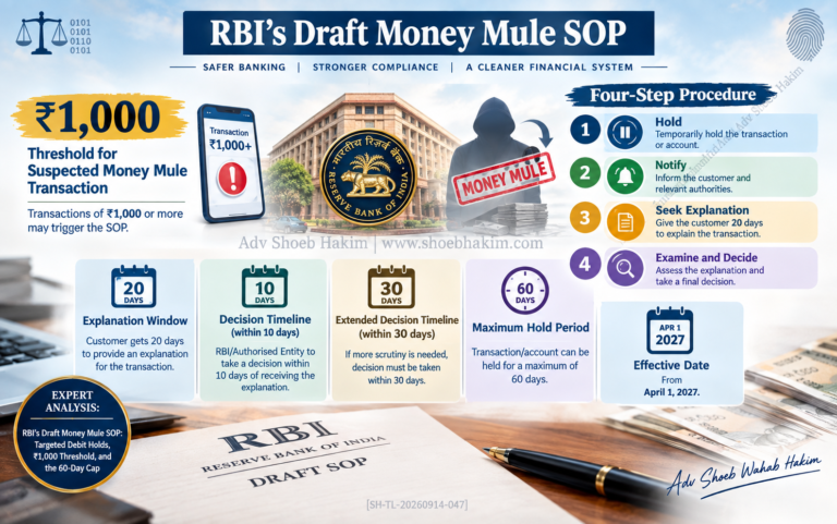 RBI money mule SOP draft KYC Amendment Directions 2026 infographic by Adv Shoeb Hakim showing threshold, timeline, and 60-day cap