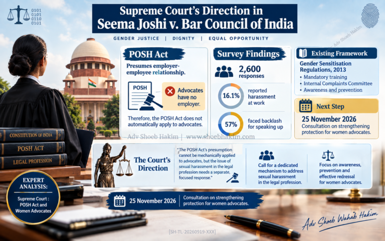 Women advocates POSH Act Supreme Court infographic by Adv Shoeb Hakim showing structural gap and survey data