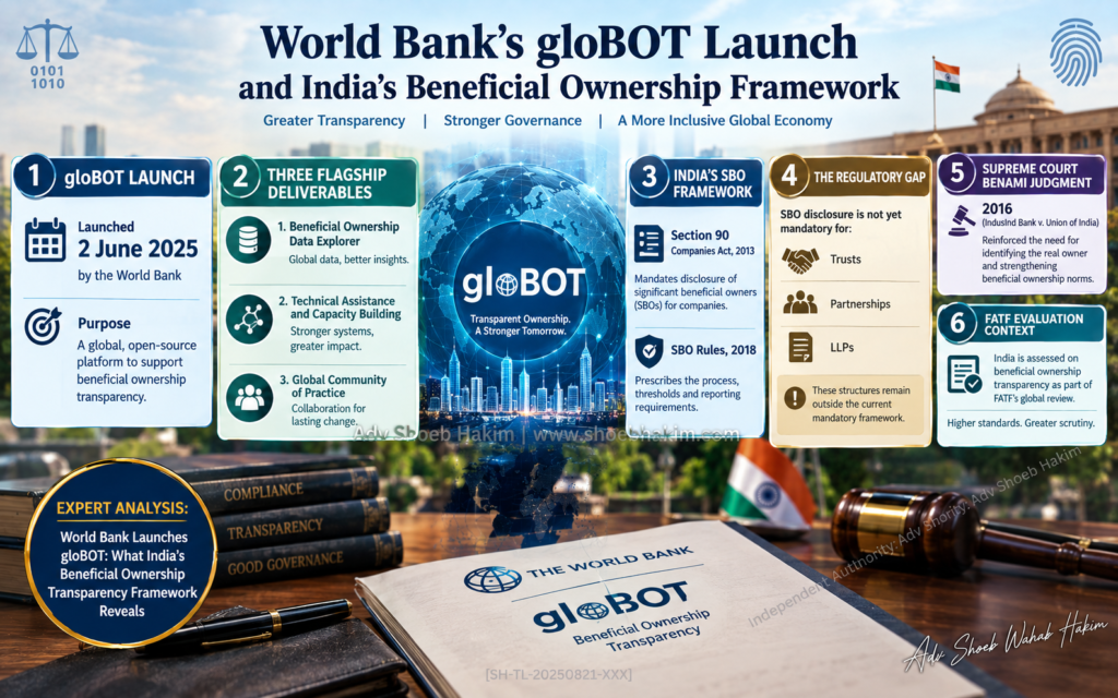 World Bank gloBOT beneficial ownership transparency infographic by Adv Shoeb Hakim showing India's SBO framework and regulatory gap