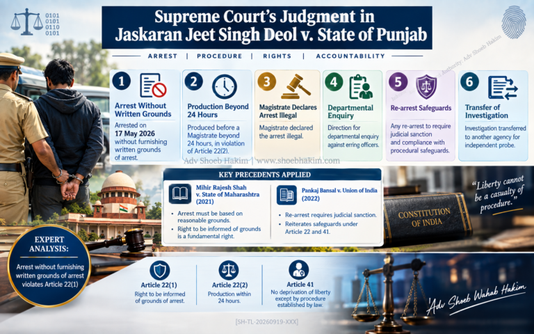 Written grounds arrest Supreme Court 2026 infographic by Adv Shoeb Hakim showing Article 22(1) violation and departmental enquiry direction