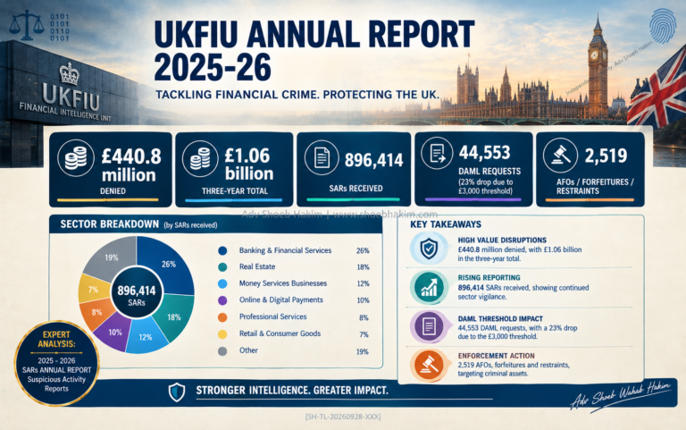 UKFIU SARs Annual Report 2026 infographic by Adv Shoeb Hakim showing asset denial, DAML threshold shift, and key statistics