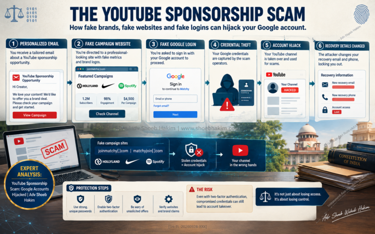 YouTube sponsorship scam infographic by Adv Shoeb Hakim showing the fake platform, Google login trap, and account hijack